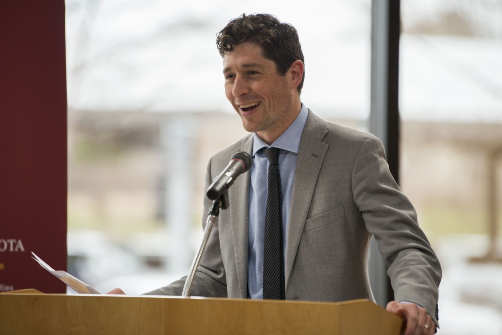 Minneapolis Mayor Jacob Frey spoke at Mondale Hall on the West Bank campus on Wednesday, April 24 2019 during the announcement that the University has installed nine solar gardens around campus. Frey said that when he first saw the solar garden outside Mondale Hall being built, he thought it was a parking ramp. 