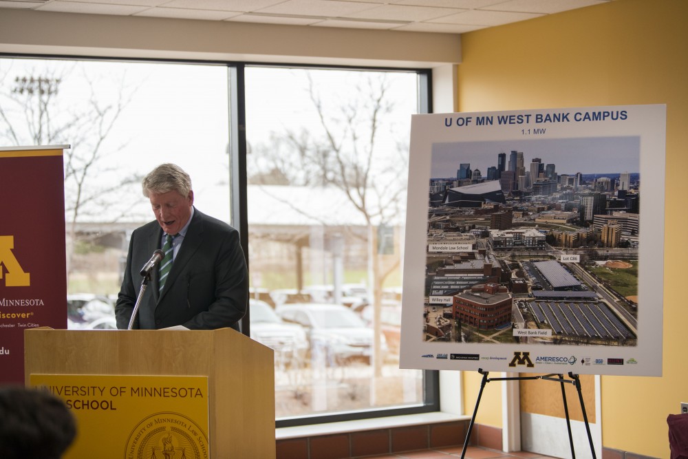 Department of Commerce Commissioner Steve Kelley speaks at Mondale Hall on the West Bank campus on Wednesday, April 24 during the announcement that the University has installed nine solar gardens around campus.