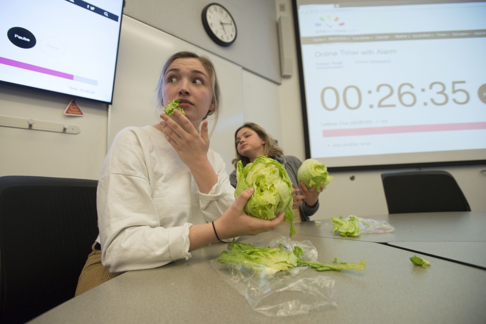 5:11 p.m.
Madeline McMaster and Celia Ramsey take part in the spring Lettuce Club meeting. The person who can eat an entire head of lettuce the fastest is deemed the president of the club for the next year.