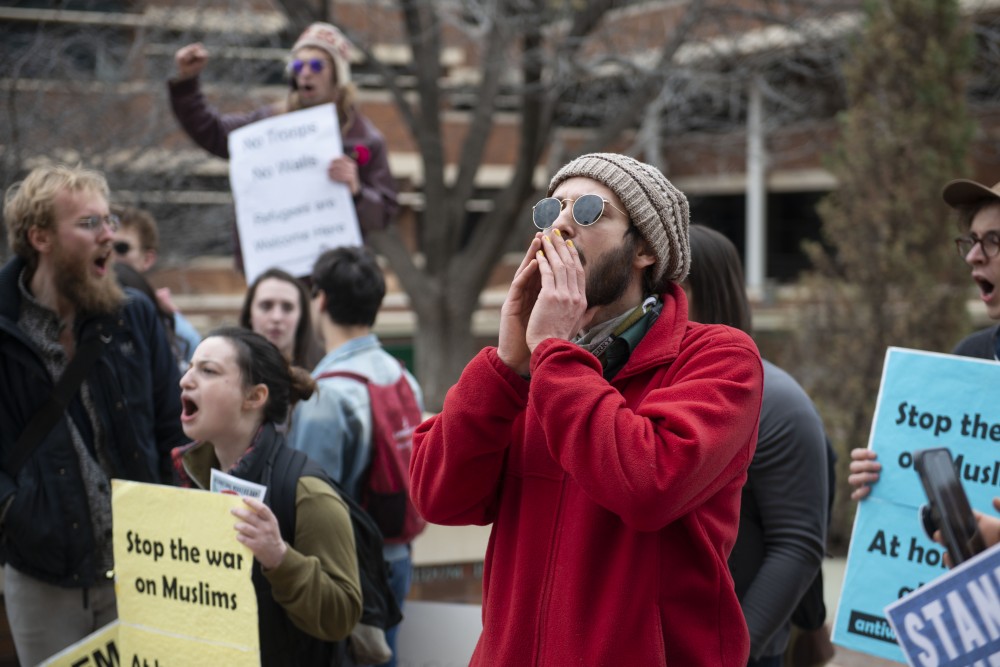 Demonstrators gather to protest the presence of Jeff Sessions on campus and his speaking at the Carlson School of Management on Monday, April 15. 