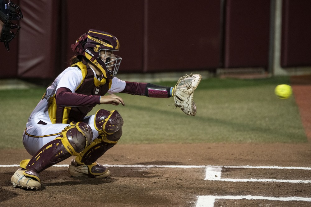 Freshman Emma Burns catches the pitch on Friday, May 17, 2019 at Jane Sage Cowles Stadium in Minneapolis. The Gophers beat North Dakota State University 3-0. 