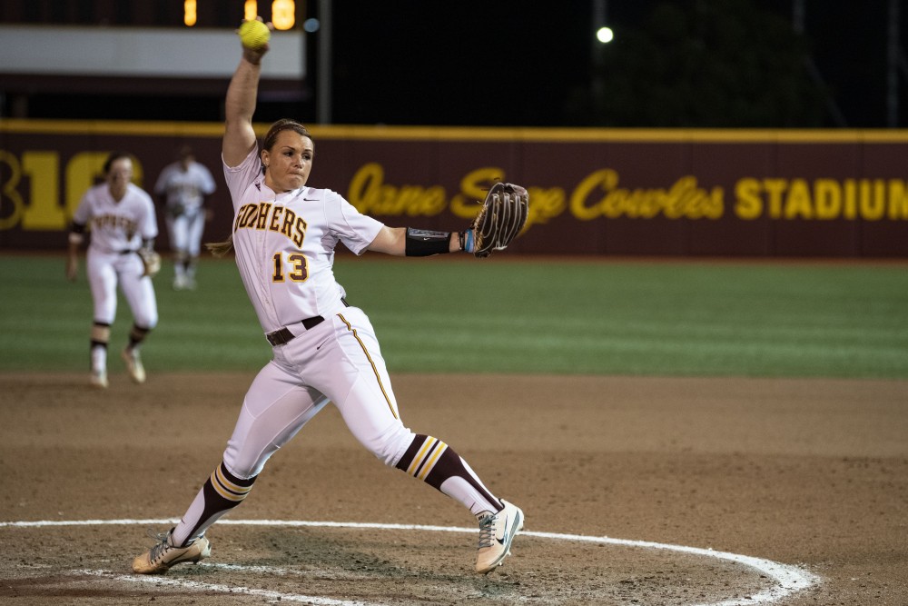 Junior Amber Fiser pitches the ball on Friday, May 17, 2019 at Jane Sage Cowles Stadium in Minneapolis. The Gophers beat North Dakota State University 3-0. 