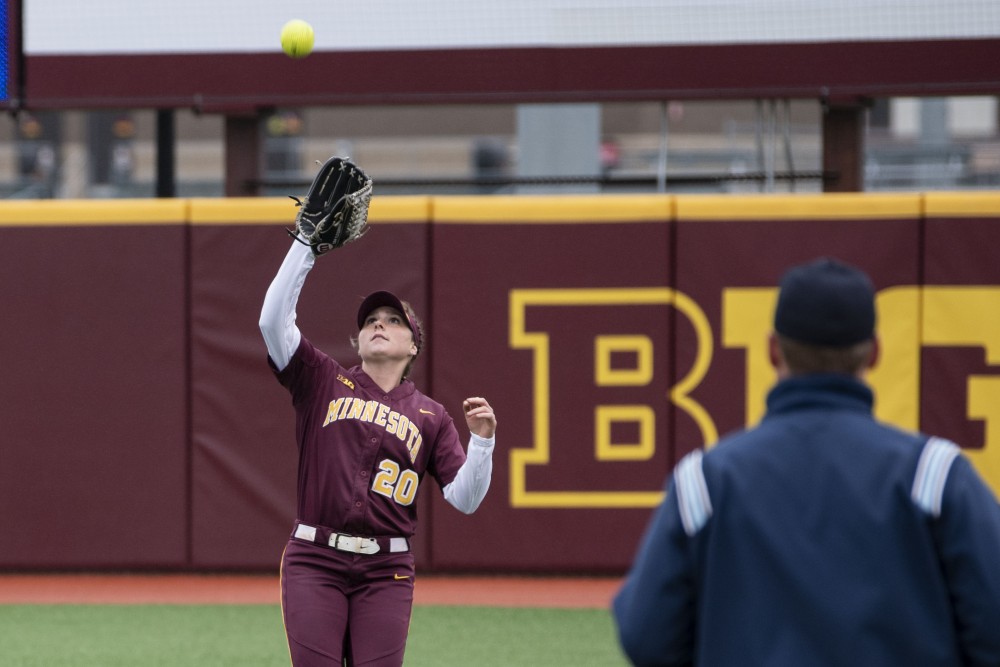 Outfielder Maddie Houlihan catches the ball for an out on Saturday, May 18 at the Jane Sage Cowles Stadium in Minneapolis. The Gophers beat the University of Georgia 2-1.