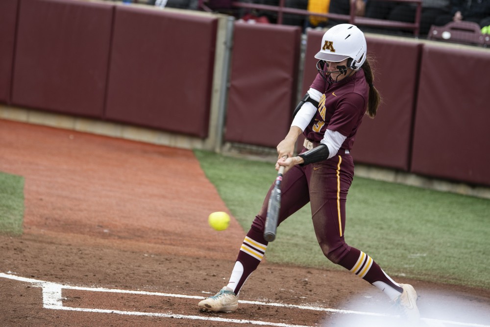 Junior Makenna Partian hits the ball on Saturday, May 18 at the Jane Sage Cowles Stadium in Minneapolis. The Gophers beat the University of Georgia 2-1.