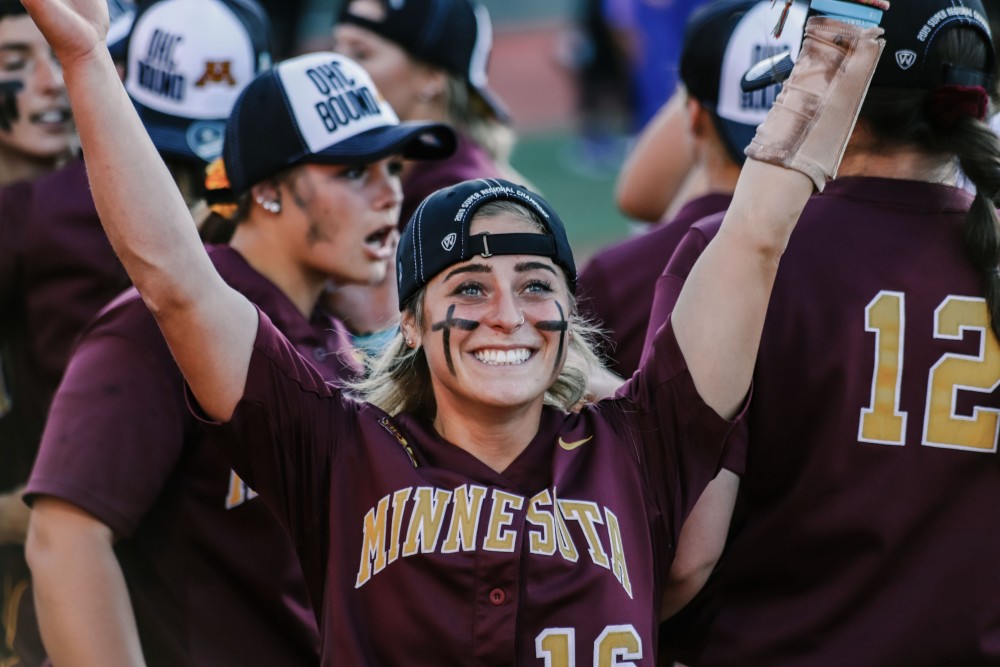 Senior Allie Arneson celebrates at the end of the game on Saturday, May 25, 2019 at the Jane Sage Cowles Stadium. The Gopher softball team won the NCAA Super Regional.