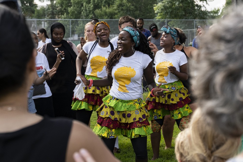 Korma Aguh-Stuckmayer leads the finale of her AfroContigbo dance performance at the World Refugee Day festival in Loring Park on Sunday, July 14.