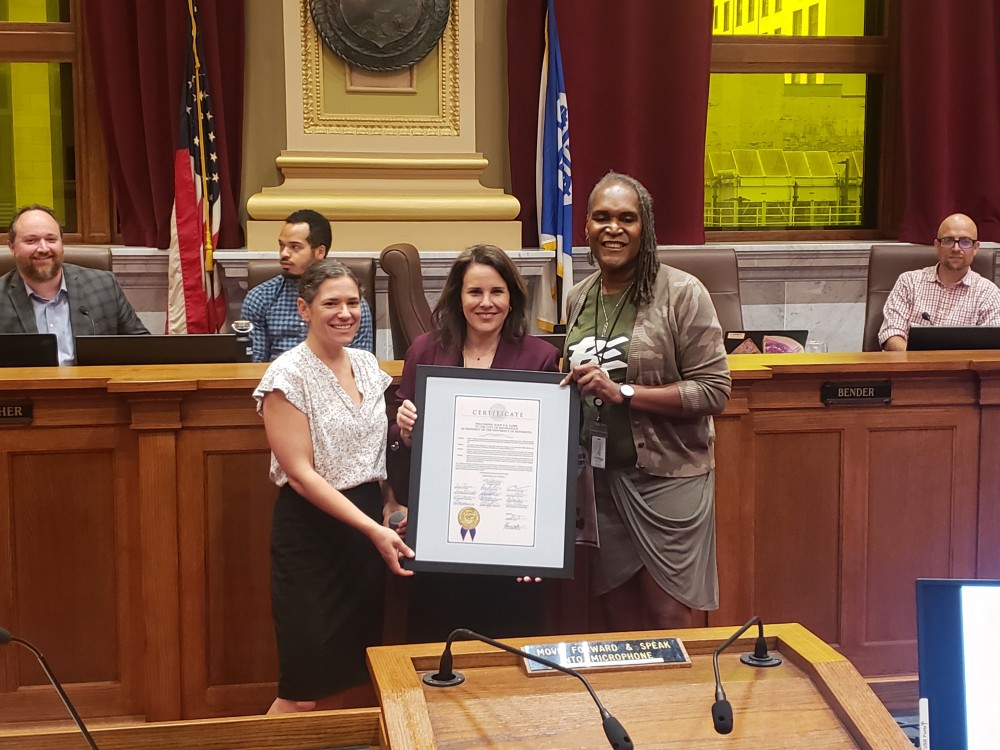 University of Minnesota President Joan Gabel poses for a photo with City Council President Lisa Bender and City Council Vice President Andrea Jenkins at City Hall on Wednesday, July 24.