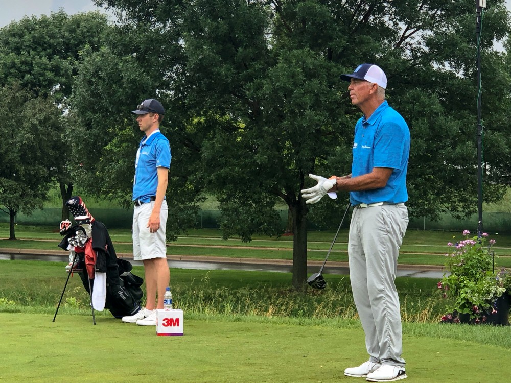 Former Gopher Tom Lehman prepares for his tee shot on the 10th hole during his Monday practice round at TPC Twin Cities in Blaine, Minnesota. 