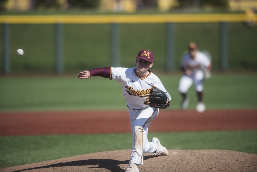 5Sophomore Max Meyer pitches the ball on Saturday, May 4, 2019 at Siebert Field. The Gophers beat the Ohio State Buckeyes 5-4 in the bottom of the 18th inning. 