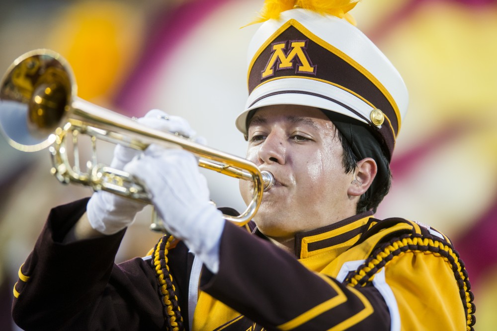 A member of the Marching Band performs before the start of the game at TCF Bank Stadium on Thursday, Aug. 29. Minnesota defeated South Dakota State 28-21.
