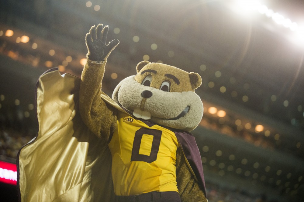 Goldy waves to the crowd at TCF Bank Stadium on Thursday, Aug. 29. Minnesota defeated South Dakota State 28-21.