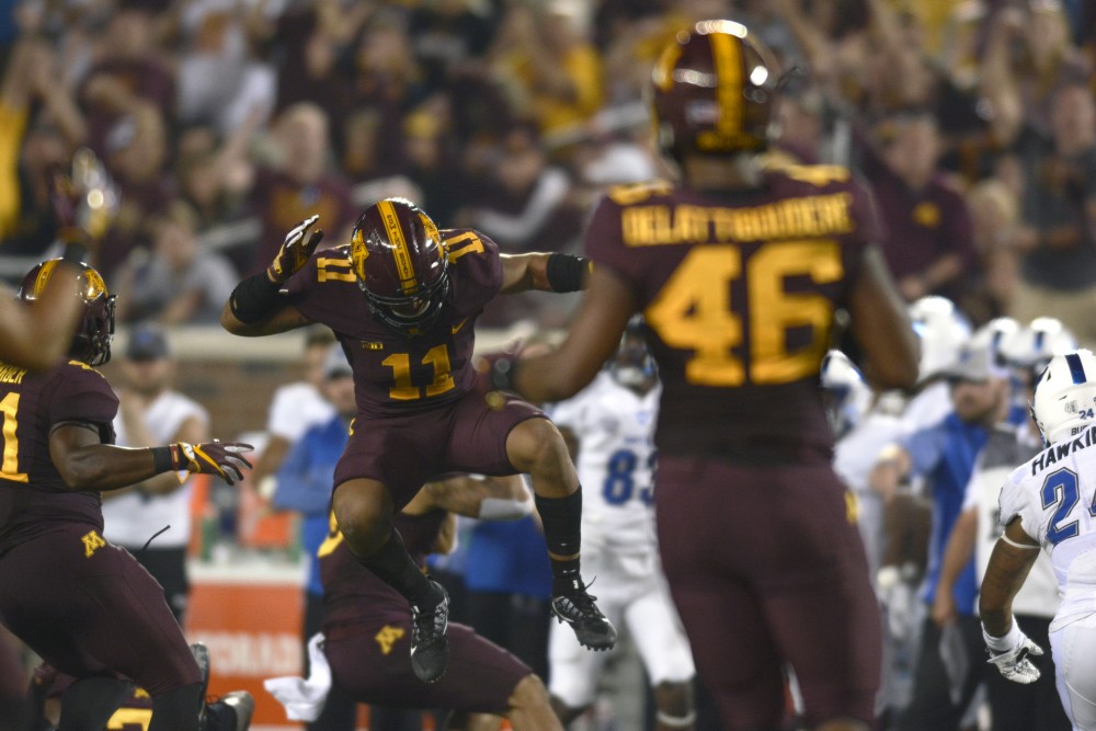 Defensive back Antoine Winfield Jr. celebrates after a tackle on Thursday, Aug. 31, 2017 at TCF Bank Stadium in Minneapolis, Minn. The Gophers beat Buffalo 17 to 7. 
