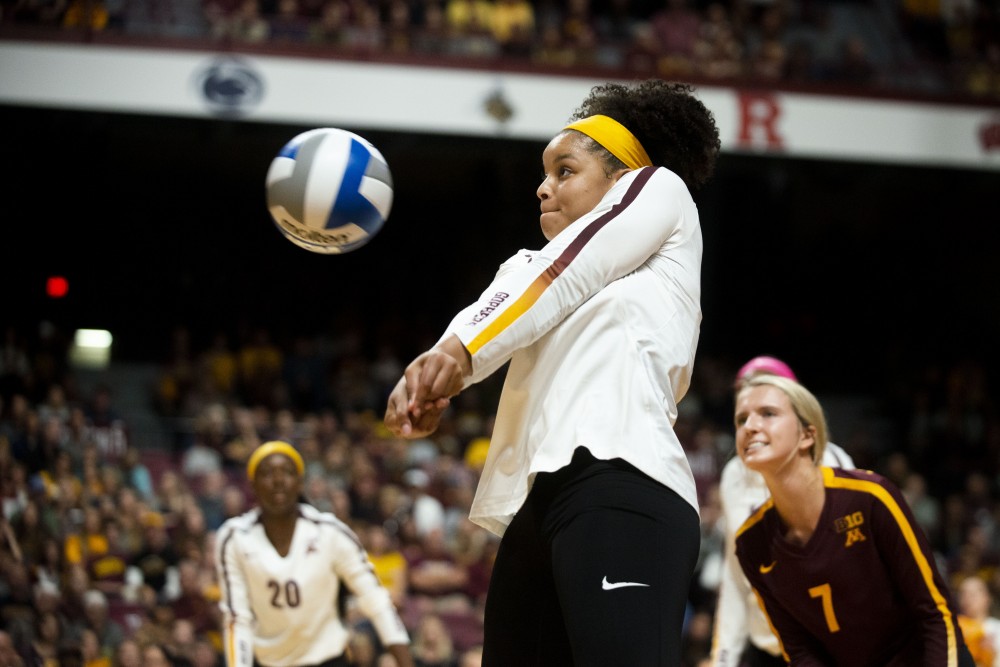 Outside Hitter Alexis Hart receives the ball at the Maturi Pavilion on Saturday, Sept. 7. The Gophers defeated Florida 3 sets to 0 for their home opener. 