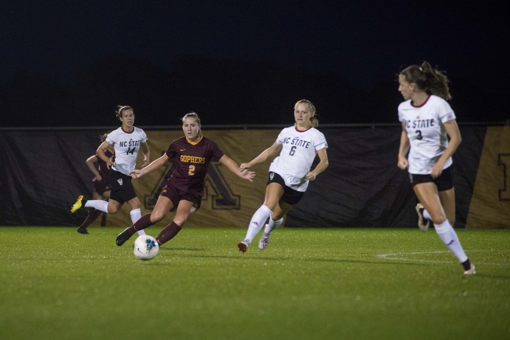 Forward Makenzie Langdok looks to pass the ball up the field at Elizabeth Lyle Robbie Stadium on Thursday, Sept. 12. The Gophers defeated North Carolina State 1-0.  