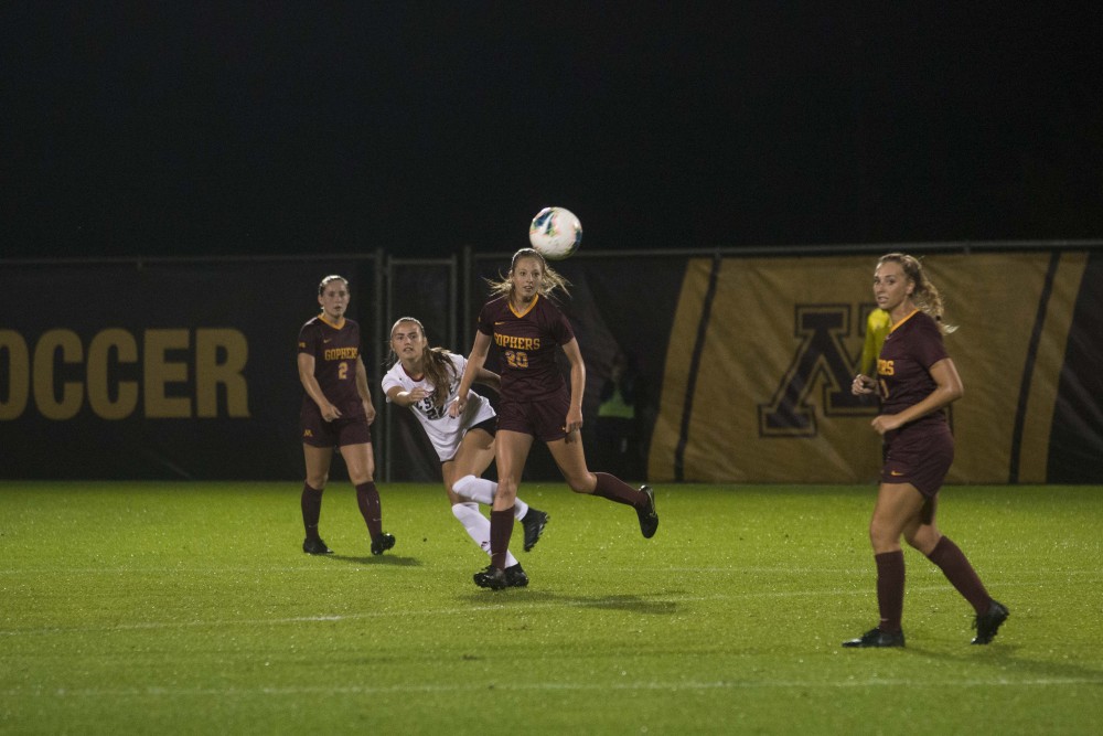 Midfielder Paige Elliot chases after the ball at Elizabeth Lyle Robbie Stadium on Thursday, Sept. 12. The Gophers defeated North Carolina State 1-0.  