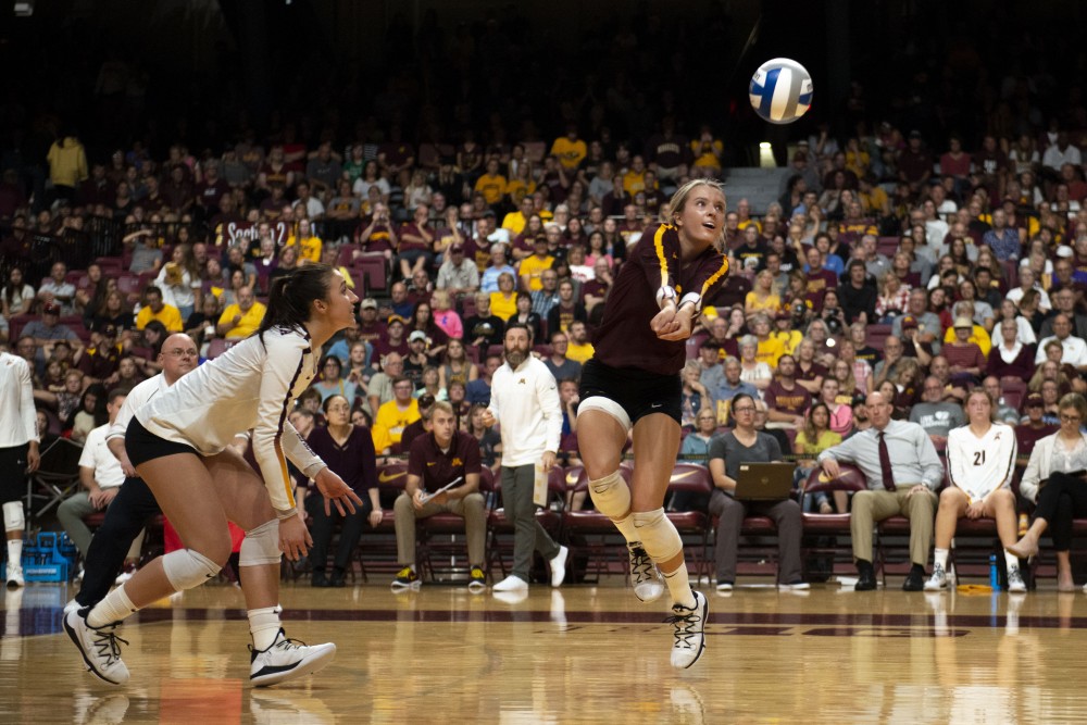Sophomore CC Mcgraw returns the ball at the Maturi Pavilion on Saturday, Sept. 21, 2019.  The Gophers defeated Oral Roberts three matches to none. 