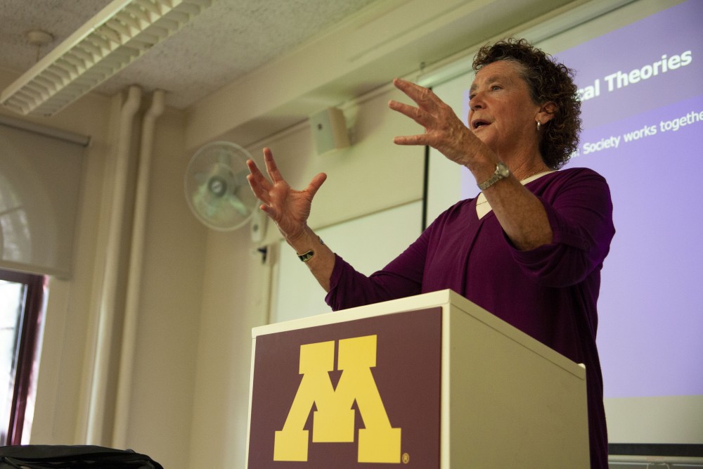 Tucker Center Director Dr. Mary Jo Kane delivers a lecture at Cooke Hall on Wednesday, Sept. 25, 2019. Kane recently announced her retirement. 