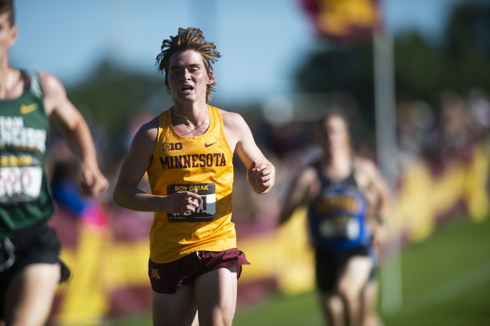 Redshirt Sophomore Hunter Lucas sprints for the finish line at the 2019 Roy Griak Invitational at the Les Bolstad Golf Course on Saturday, Sept. 28, 2019. The Gophers mens team placed 7th in the Division 1 race. 