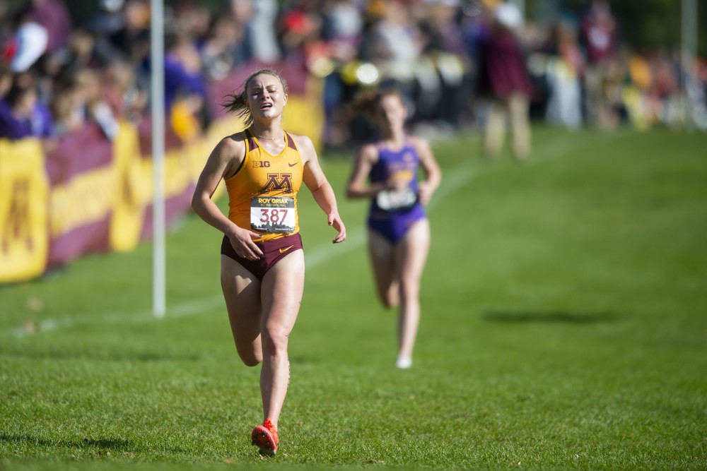 Redshirt Freshman Courtney West sprints for the finish line at the 2019 Roy Griak Invitational at the Les Bolstad Golf Course on Saturday, Sept. 28, 2019. The Minnesota womens team placed third in the Division 1 race. 