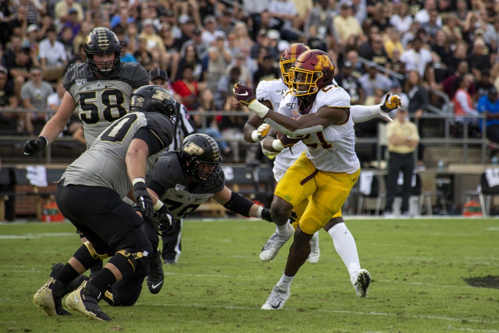 Running back Bryce Williams carries the ball at Ross-Ade Stadium on Saturday, Sept 28, 2019. The Gophers earned a 38-31 victory over Purdue. 