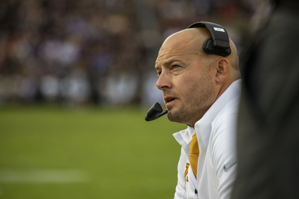 Head Coach P.J Fleck observes the game at Ross-Ade Stadium on Saturday, Sept 28, 2019. The Gophers earned a 38-31 victory over Purdue. 