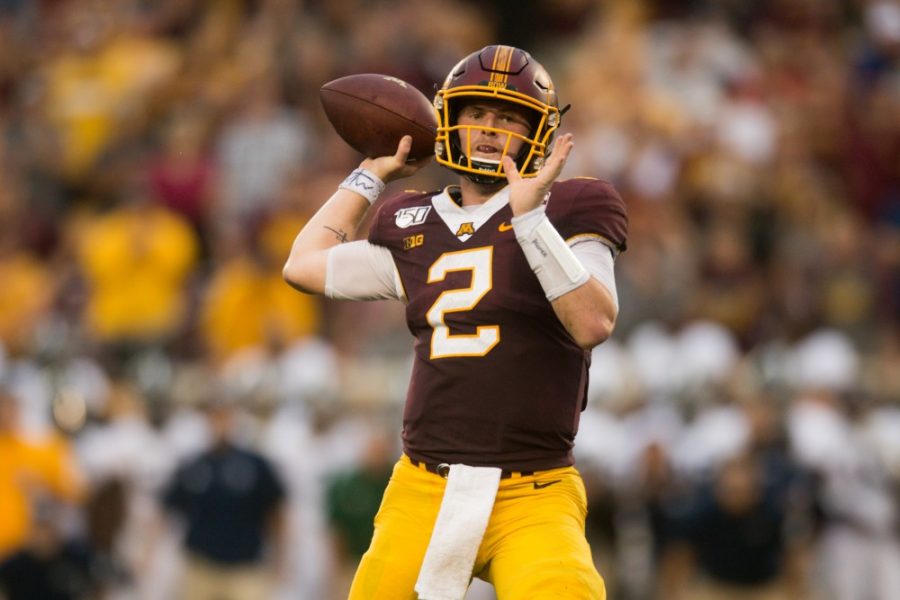 Quarterback Tanner Morgan winds up for a pass at Huntington Bank Stadium on Saturday, Sept. 14, 2019. The Gophers defeated Georgia Southern 35-32.