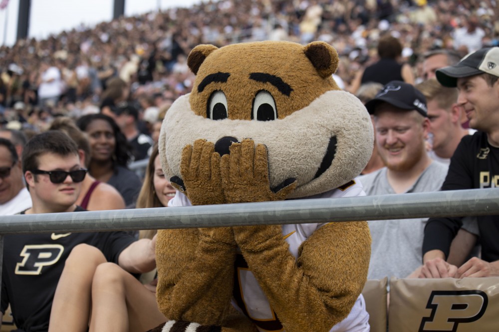 Goldy sits amongst Boilermaker fans at Ross-Ade Stadium on Saturday, Sept. 28, 2019. The Gophers earned a 38-31 victory over Purdue. 
