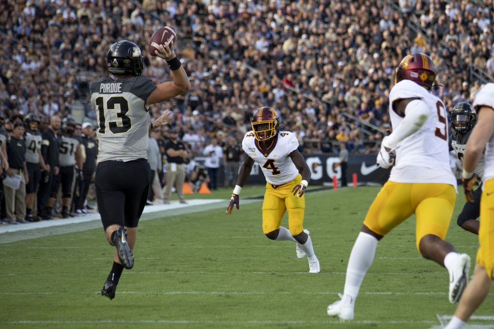 Defensive back Terell Smith runs to make a tackle at Ross-Ade Stadium on Saturday, Sept. 28, 2019. The Gophers earned a 38-31 victory over Purdue. 