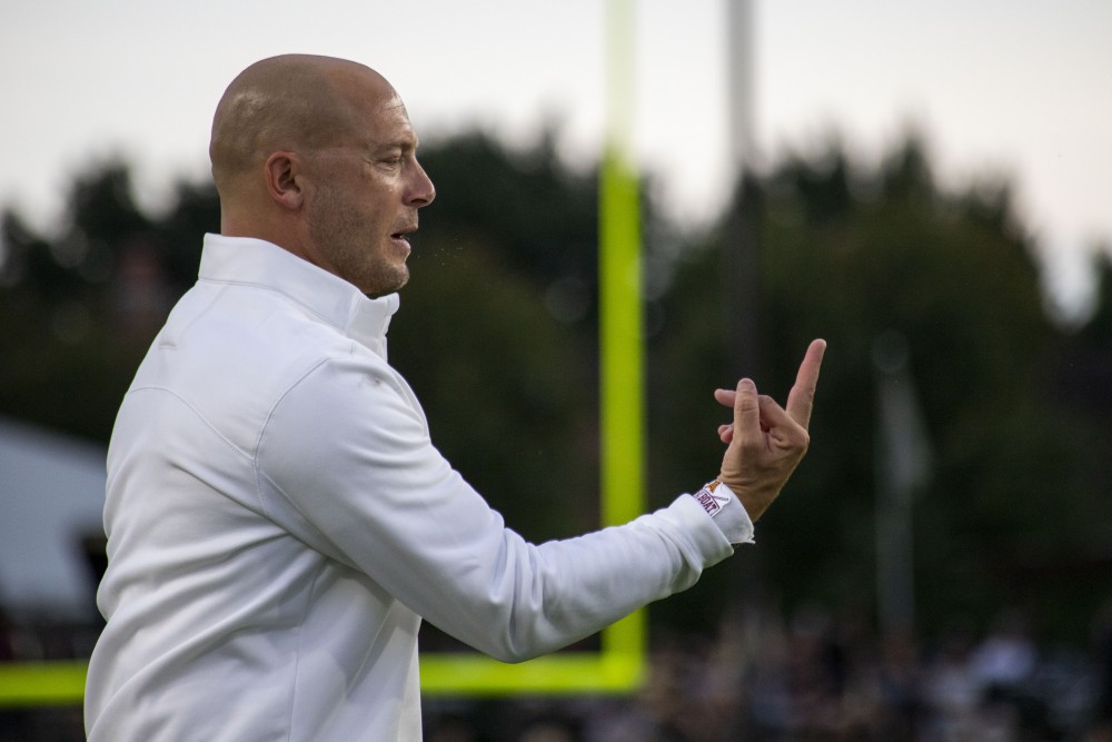 Head Coach P.J. Fleck observes the game at Ross-Ade Stadium on Saturday, Sept. 28, 2019. The Gophers earned a 38-31 victory over Purdue. 