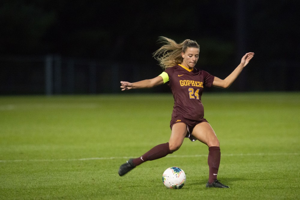 Defender Marisa Windingstad looks to pass the ball at Elizabeth Lyle Robbie Stadium on Friday Sept. 27, 2019. The Gophers lost to Penn State 0-1 in overtime. 