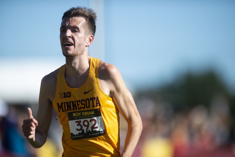 Redshirt Senior Connor Olson sprints for the finish line during the 2019 Roy Griak Invitational at the Les Bolstad Golf Course on Saturday, Sept. 28, 2019. The Gophers mens team placed 7th in the Division 1 race. 