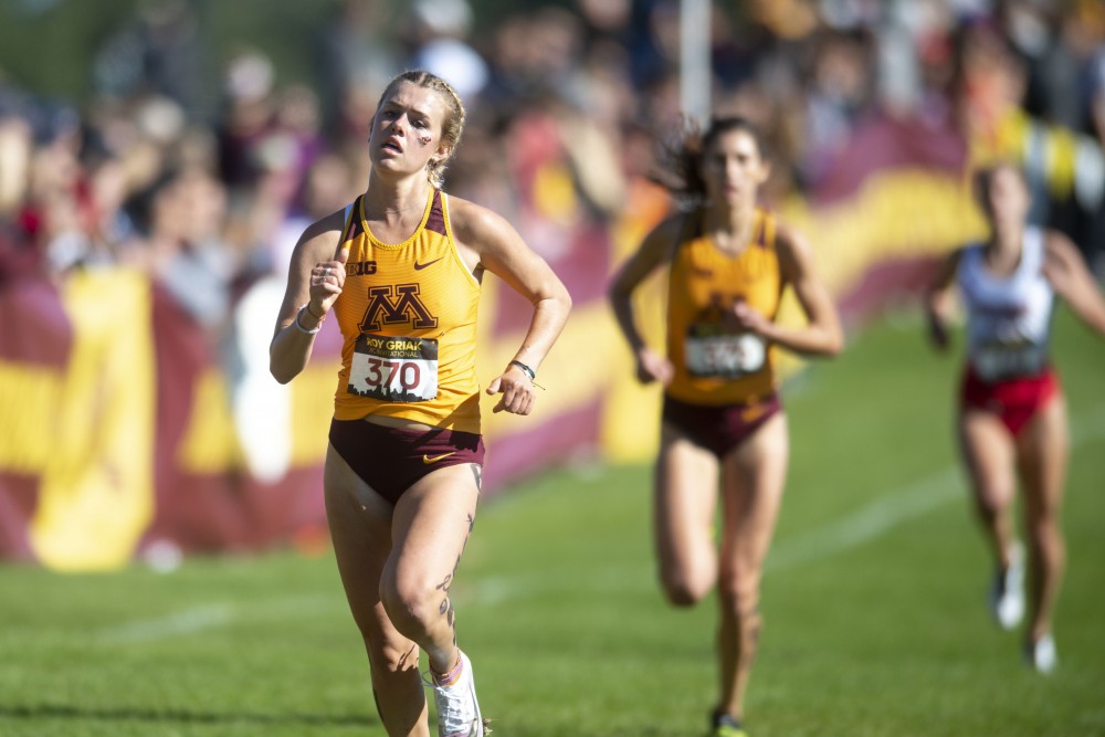 Redshirt Junior Maria Eastman sprints for the finish line during the 2019 Roy Griak Invitational at the Les Bolstad Golf Course on Saturday, Sept. 28, 2019.  The Minnesota womens team placed third in the Division 1 race. 