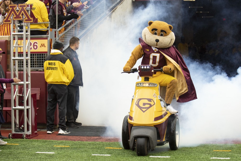 Goldy enters the field at TCF Bank Stadium on Saturday, Oct. 5, 2019. The Gophers defeated Illinois 40 to 17 to bring their record to 5-0. (Jasmin Kemp / Minnesota Daily)