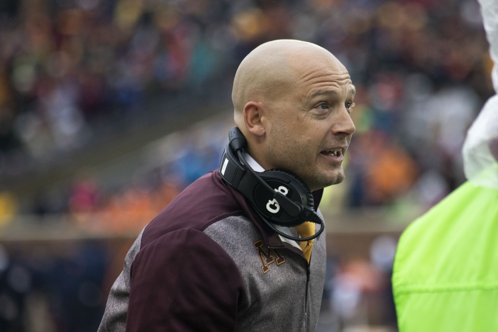 Head Coach P.J. Fleck speaks to his team at TCF Bank Stadium on Saturday, Oct. 5, 2019. The Gophers defeated Illinois 40 to 17 to bring their record to 5-0. (Jasmin Kemp / Minnesota Daily)