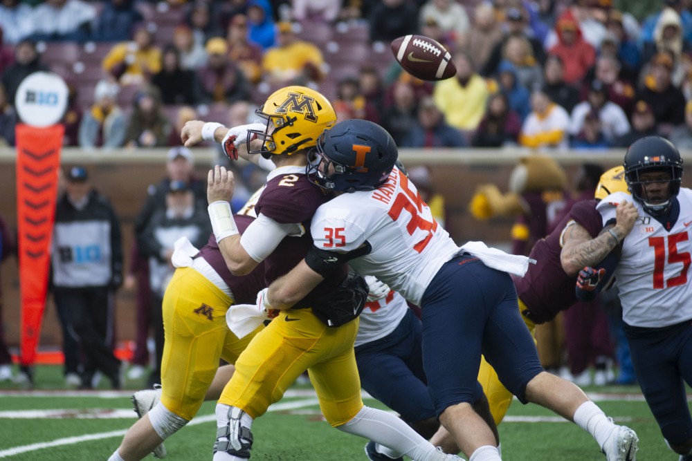 Quarterback Tanner Morgan loses the ball at TCF Bank Stadium on Saturday, Oct. 5, 2019. The Gophers defeated Illinois 40-17 bringing their record to 5-0.