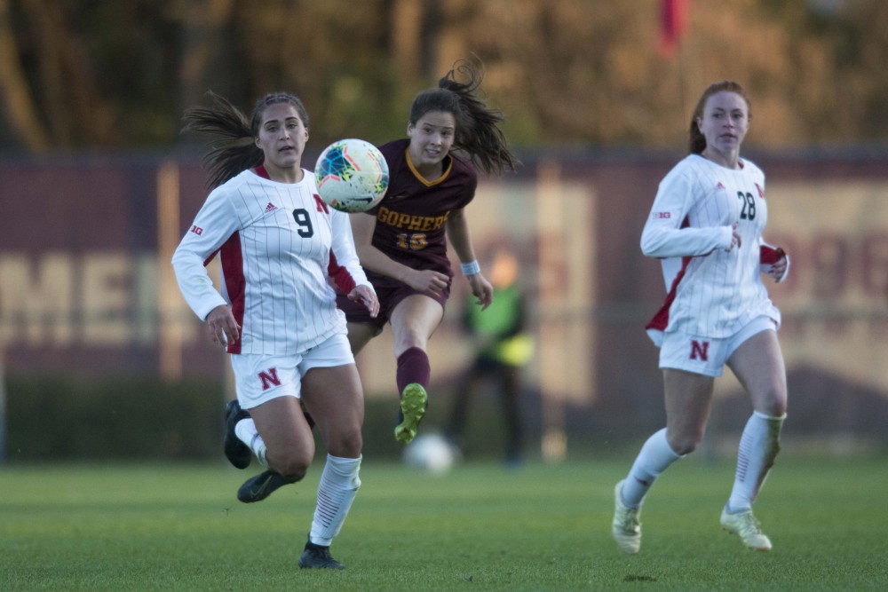 Midfielder Katie Duong launches a pass at Elizabeth Lyle Robbie Stadium on Thursday, Oct. 17. The Gophers went on to tie Nebraska 1-1. 