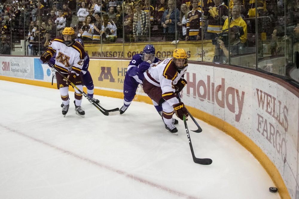 Forwards Blake McLaughlin and Sammy Walker fight for the puck at 3M Arena at Mariucci on Friday, Oct. 18. The Gophers defeated Niagara 3-2. 