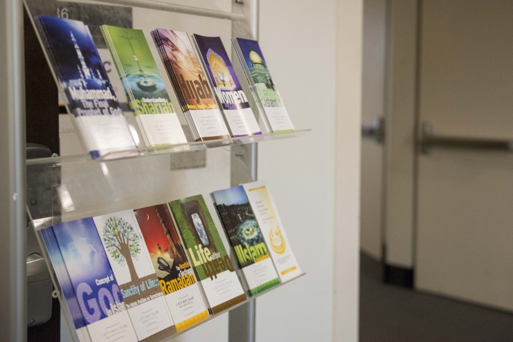 Brochures about the Islamic faith sit on a shelf inside Coffman Union on Monday, Oct. 21. 