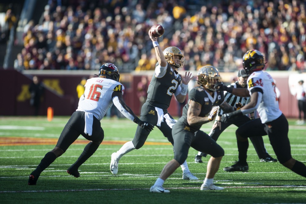 Quarterback Tanner Morgan throws the ball at TCF Bank Stadium on Saturday, Oct. 26. The Gophers defeated Maryland 52-10 bringing their record to 8-0.
