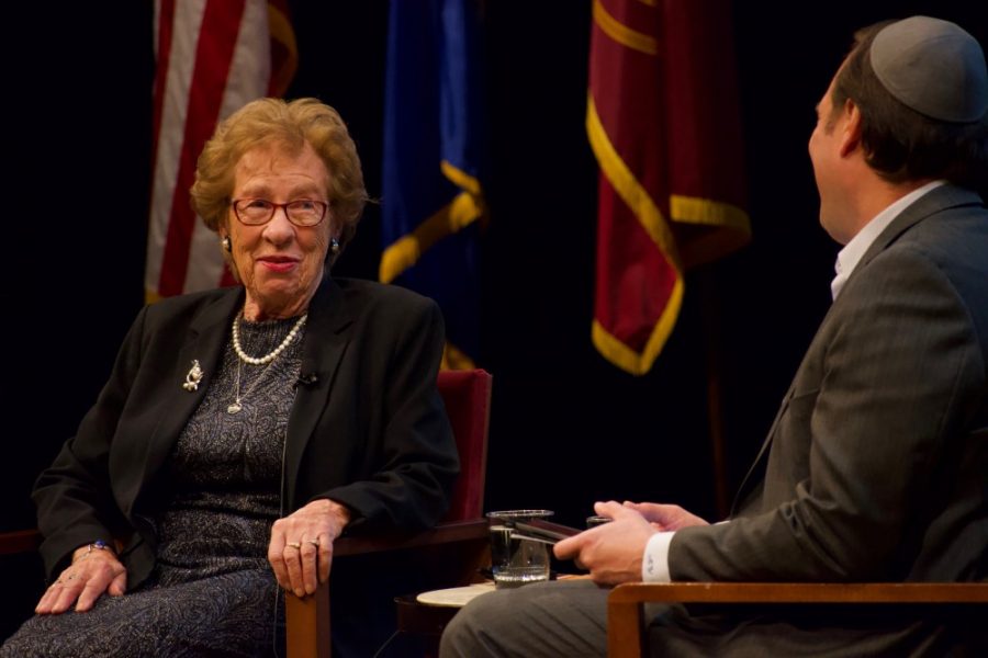 Holocaust survivor Eva Schloss is interviewed by Michael Waldman at Northrop Auditorium on Sunday, Oct. 27. 