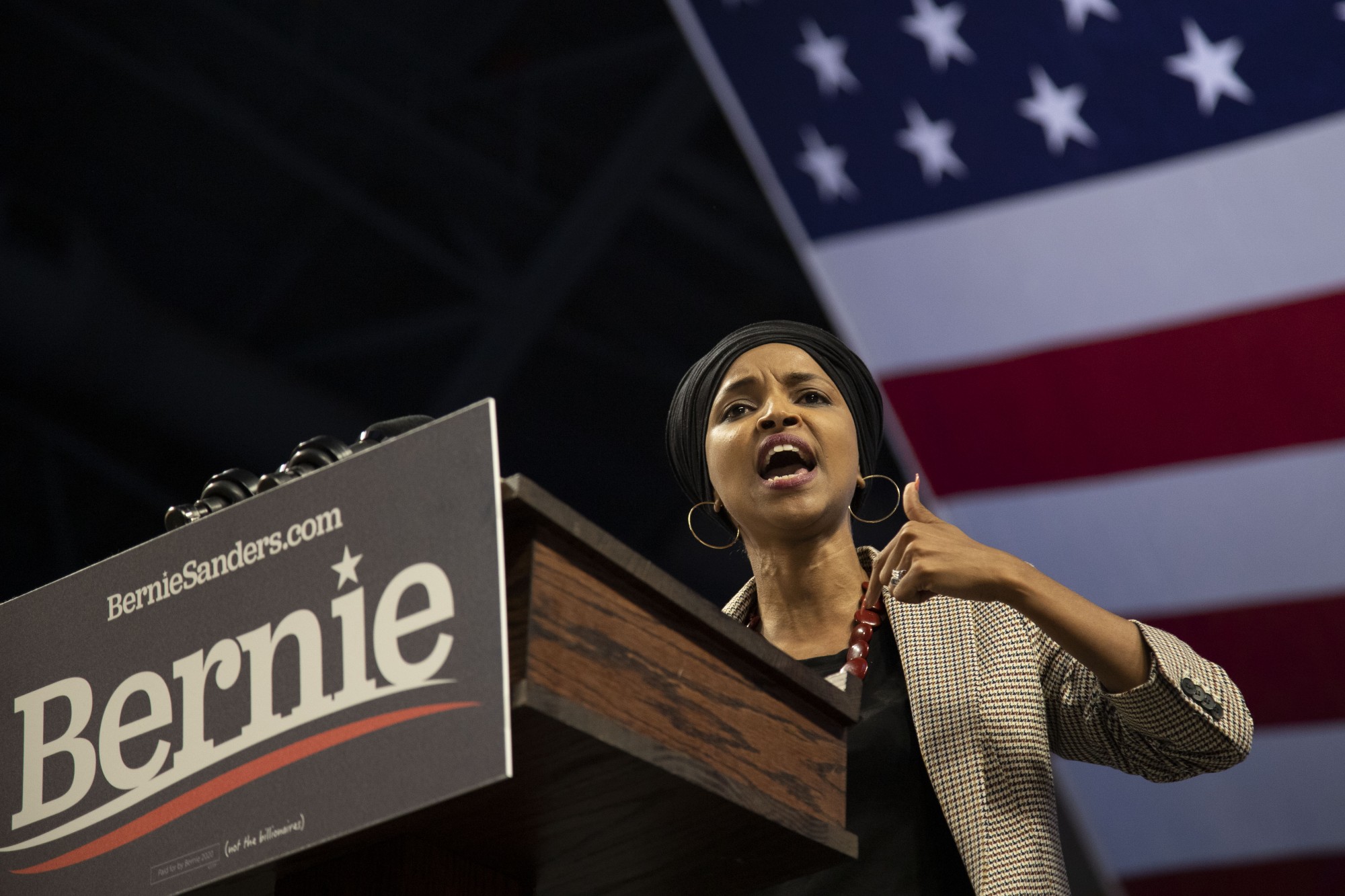 Rep. Ilhan Omar, D-Minn., shows her support for U.S. Senator Bernie Sanders at a rally held at Williams Arena on Sunday, Nov. 3. 