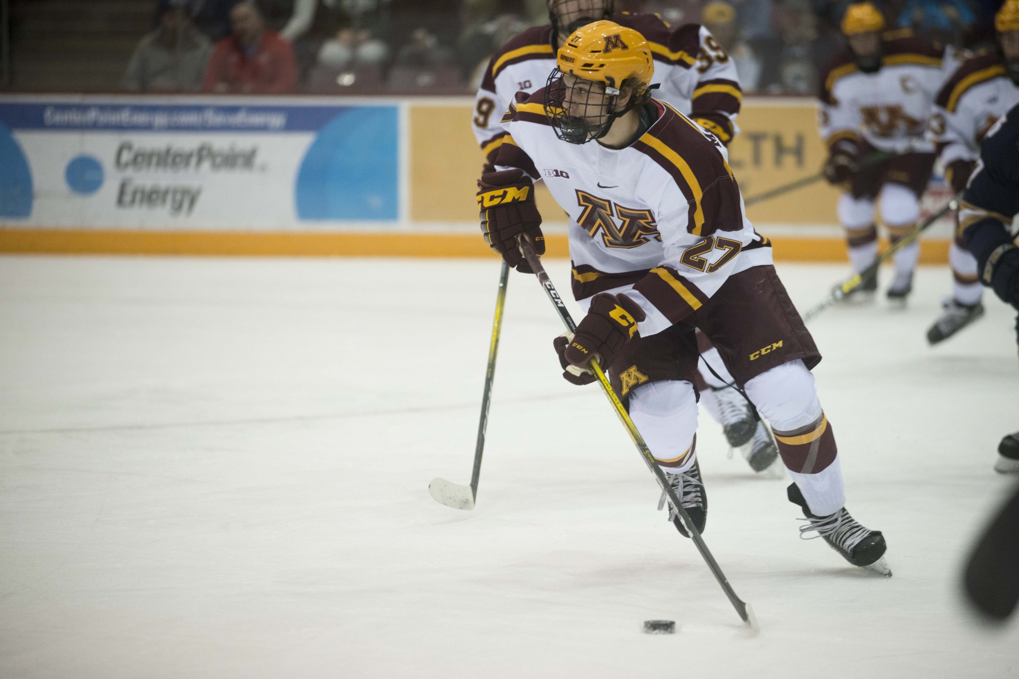 Forward Blake McLaughlin skates with the puck during the game against the Notre Dame Fighting Irish at 3M Arena at Mariucci on Friday, Nov. 1, 2019. The Gophers won 3-2 in double overtime.