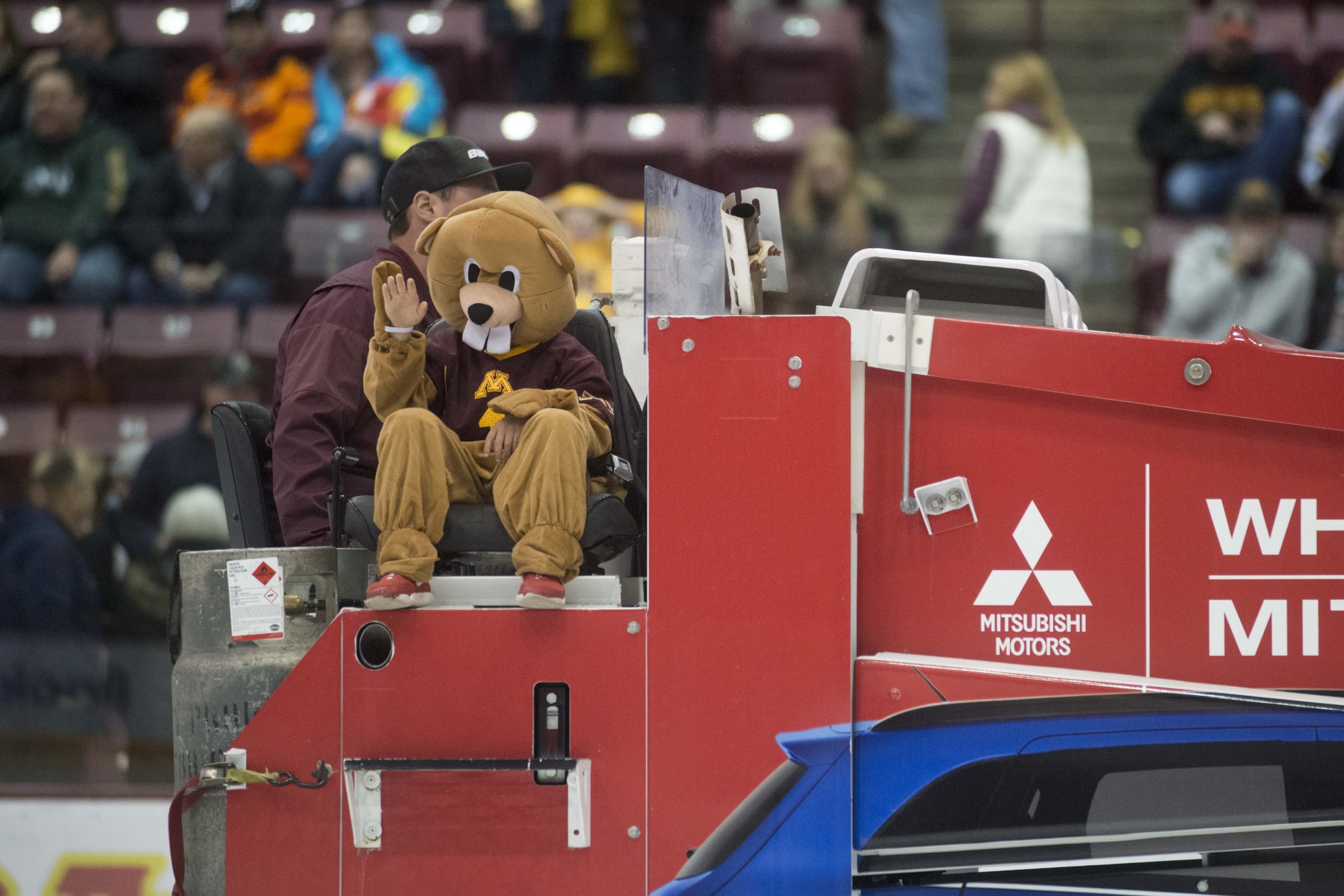A young fan dressed as Goldy rides the zamboni in between periods at 3M Arena at Mariucci on Friday, Nov. 1. 