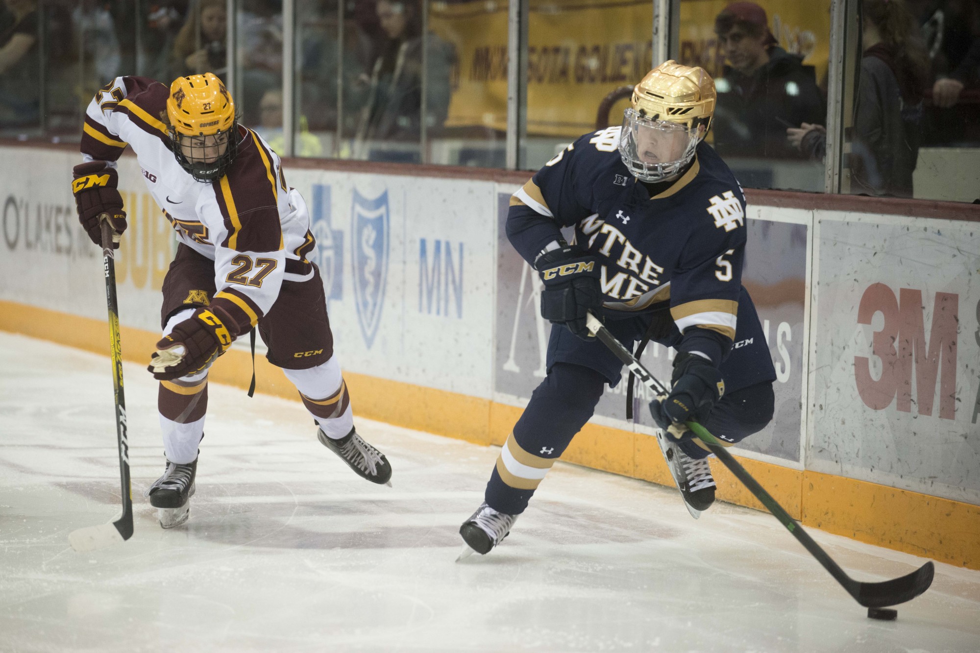 Forward Blake Mclaughlin skates towards the puck during the game against the Notre Dame Fighting Irish at 3M Arena at Mariucci on Friday, Nov. 1. The Gophers won 3-2 in double overtime. 