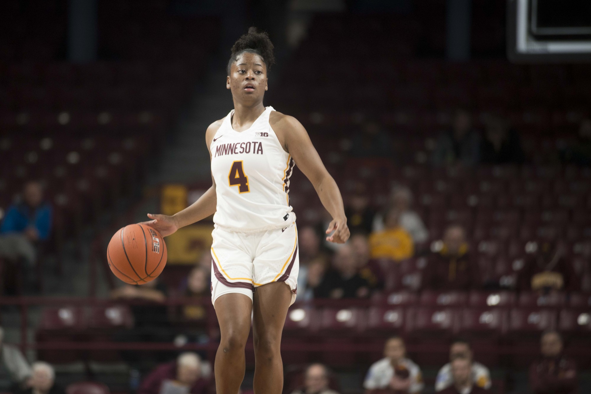 Guard Jasmine Powell approaches her defender at Williams Arena at Williams Arena on Tuesday, Nov. 5, 2019. The Gophers fell to Missouri State 69-77.(Liam Armstrong / Minnesota Daily)