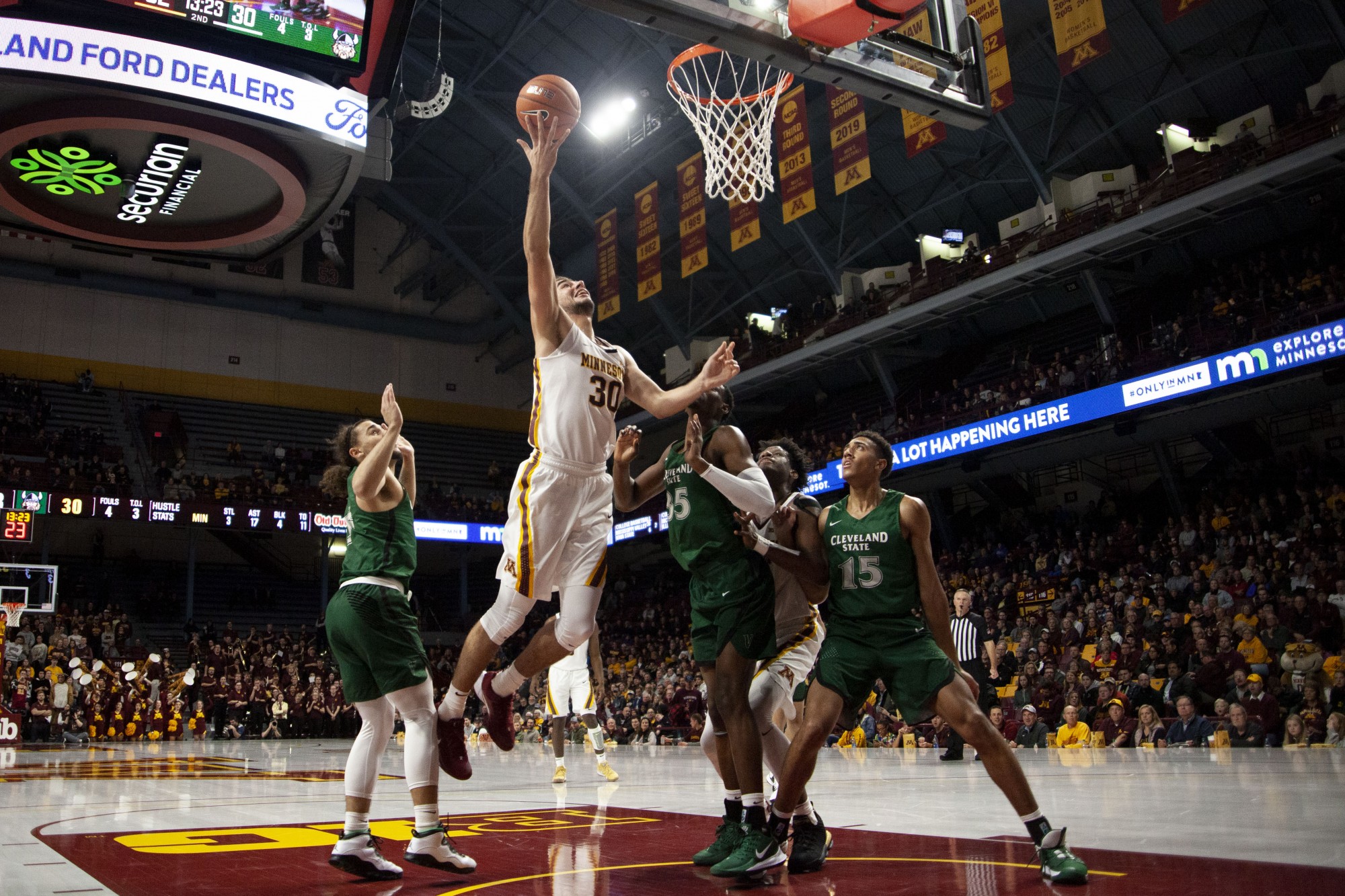 Forward Alihan Demir attempts a layup at Williams Arena on Tuesday, Nov. 5.  The Gophers went on to defeat Cleveland State 85-50. 