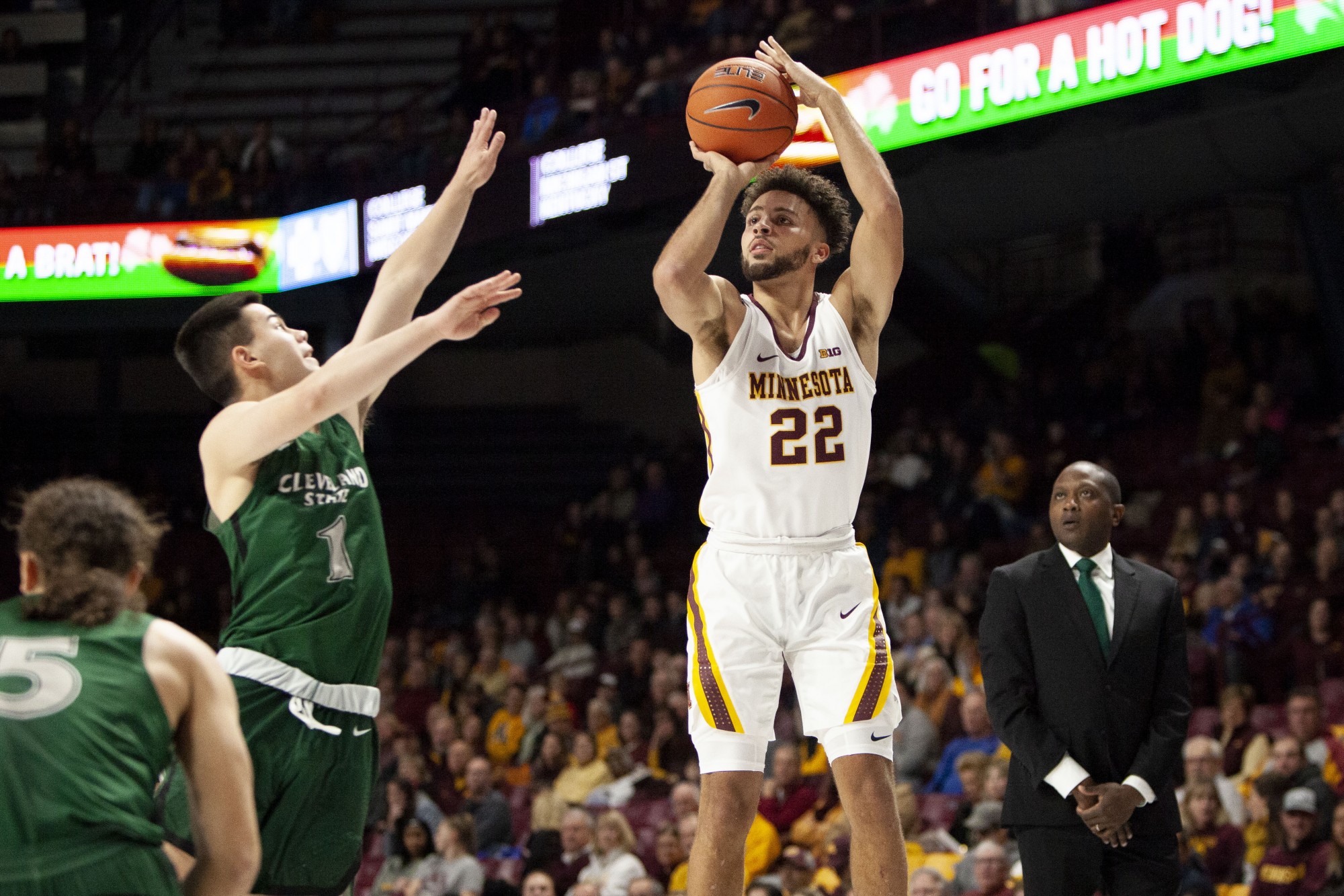 Guard Gabe Kalsheur shoots at Williams Arena on Tuesday, Nov. 5. The Gophers went on to defeat Cleveland State 85-50. 