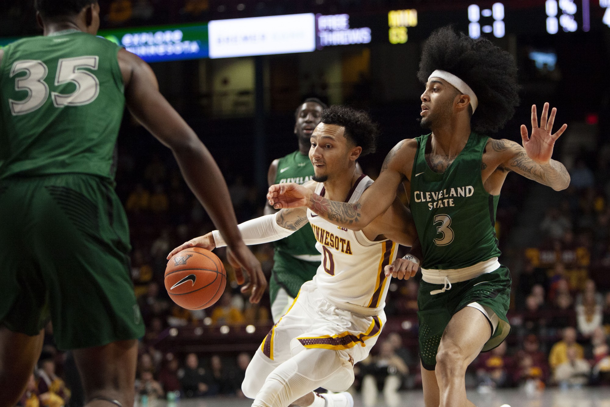 Guard Payton Willis drives past a defender at Williams Arena on Tuesday, Nov. 5.  The Gophers went on to defeat Cleveland State 85-50. 