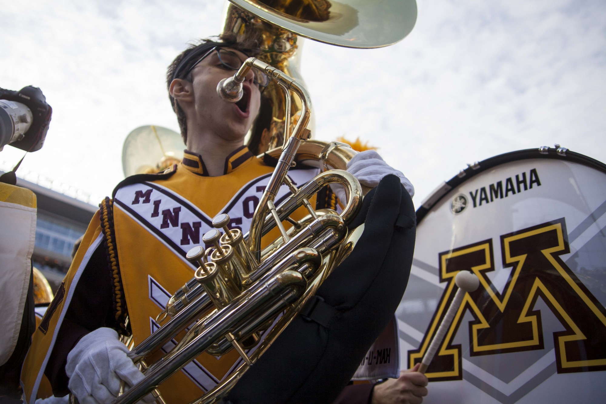 A Marching Band member takes a breath at TCF Bank Stadium on Saturday, Nov. 9. The Gophers bested the Penn State Nittany Lions 31-26 to remain undefeated. 