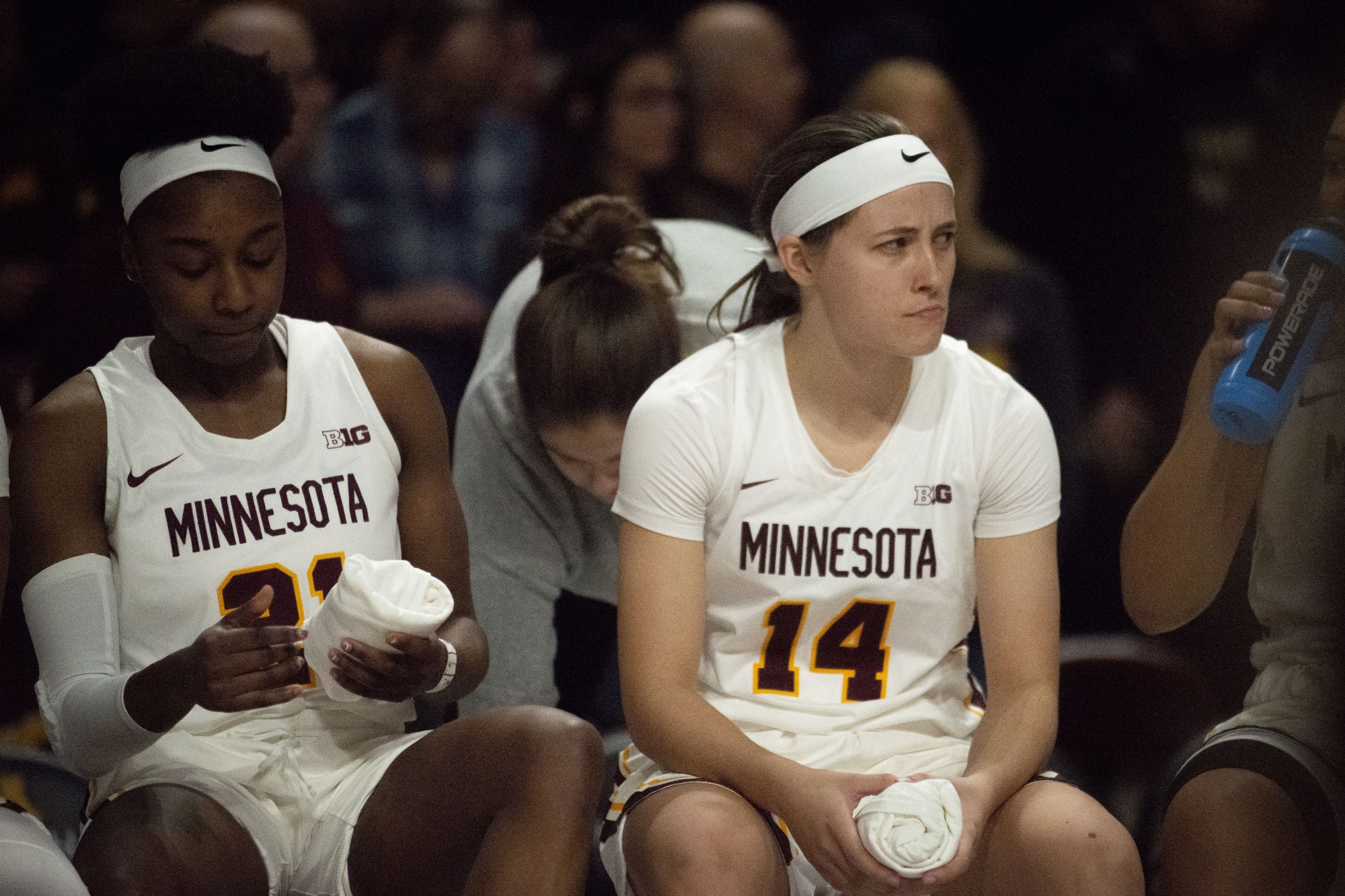 Guard Sara Scalia sits on the bench before the game starts at Williams Arena on Sunday, Nov. 10, 2019. The Gophers defeated Vermont 90-58. 